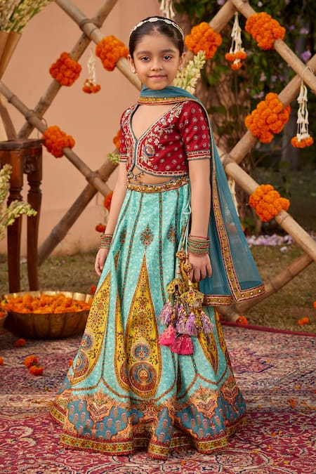 Buy_Kalista_Sky Blue Silk, Tissue Sequins, Beads Kimaya Floral Pattern Lehenga Set _Online_at_Aza_Fashions