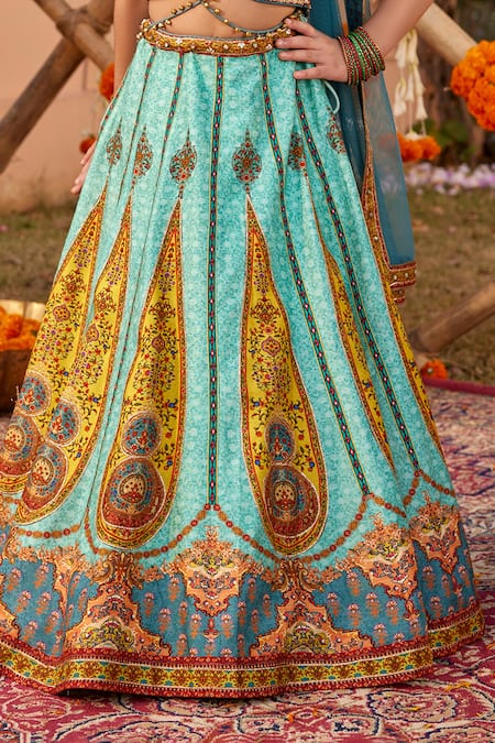 Shop_Kalista_Sky Blue Silk, Tissue Sequins, Beads Kimaya Floral Pattern Lehenga Set _Online_at_Aza_Fashions