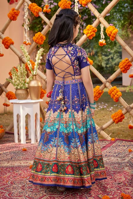Shop Kalista Blue Silk, Georgette, Tissue Sequins, Beads Mehvish Mughal Pattern Lehenga Set at Aza Fashions Shop_Kalista_Blue Silk, Georgette, Tissue Sequins, Beads Mehvish Mughal Pattern Lehenga Set _at_Aza_Fashions