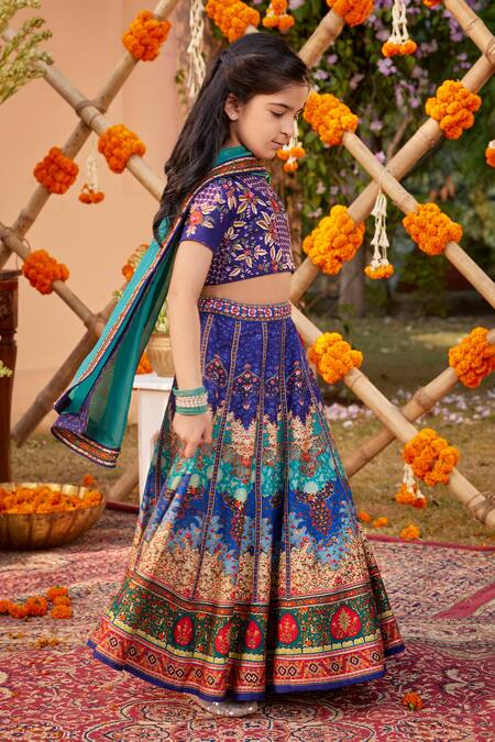 Shop Kalista Blue Silk, Georgette, Tissue Sequins, Beads Mehvish Mughal Pattern Lehenga Set Online at Aza Fashions Shop_Kalista_Blue Silk, Georgette, Tissue Sequins, Beads Mehvish Mughal Pattern Lehenga Set _Online_at_Aza_Fashions