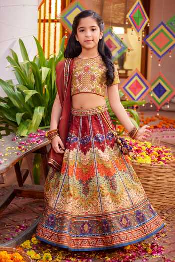 Kalista_Multi Color Silk, Georgette, Tissue Mehvish Mughal Floral Pattern Lehenga Set _Online_at_Aza_Fashions