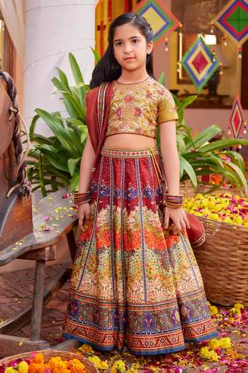 Shop_Kalista_Multi Color Silk, Georgette, Tissue Mehvish Mughal Floral Pattern Lehenga Set _Online_at_Aza_Fashions