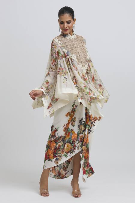 Anamika Khanna White Silk Embroidery Mandarin Floral Pattern Kaftan Top And Draped Skirt Set Online at Aza Fashions Anamika Khanna_White Silk Embroidery Mandarin Floral Pattern Kaftan Top And Draped Skirt Set_Online_at_Aza_Fashions