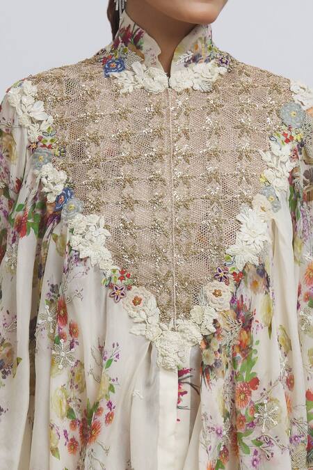 Buy Anamika Khanna White Silk Embroidery Mandarin Floral Pattern Kaftan Top And Draped Skirt Set Online at Aza Fashions Buy_Anamika Khanna_White Silk Embroidery Mandarin Floral Pattern Kaftan Top And Draped Skirt Set_Online_at_Aza_Fashions