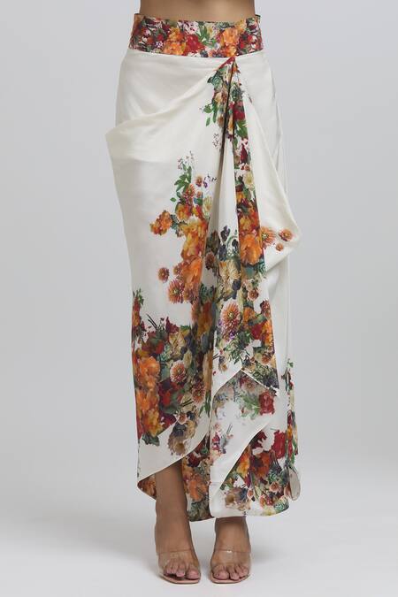 Shop Anamika Khanna White Silk Embroidery Mandarin Floral Pattern Kaftan Top And Draped Skirt Set Online at Aza Fashions Shop_Anamika Khanna_White Silk Embroidery Mandarin Floral Pattern Kaftan Top And Draped Skirt Set_Online_at_Aza_Fashions