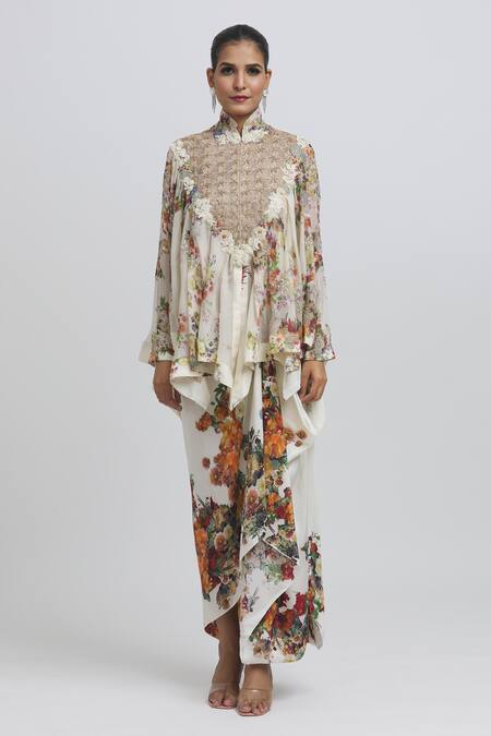 Anamika Khanna White Silk Embroidery Mandarin Floral Pattern Kaftan Top And Draped Skirt Set at Aza Fashions Anamika Khanna_White Silk Embroidery Mandarin Floral Pattern Kaftan Top And Draped Skirt Set_at_Aza_Fashions