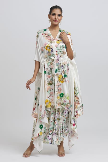 Anamika Khanna White Silk Embroidered Floral V Neck 3d Kaftan Kurta And Draped Skirt Set 