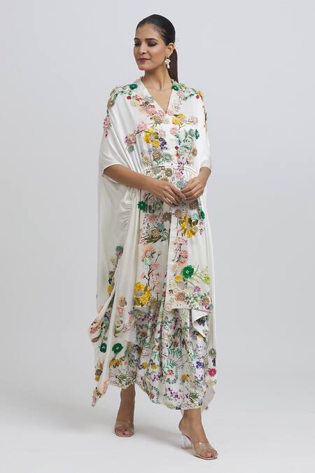 Anamika Khanna White Silk Embroidery V-neck 3d Kaftan Kurta And Draped Skirt Set Online at Aza Fashions Anamika Khanna_White Silk Embroidery V-neck 3d Kaftan Kurta And Draped Skirt Set_Online_at_Aza_Fashions