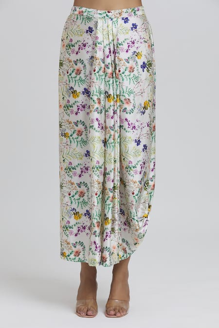 Shop Anamika Khanna White Silk Embroidery V-neck 3d Kaftan Kurta And Draped Skirt Set Online at Aza Fashions Shop_Anamika Khanna_White Silk Embroidery V-neck 3d Kaftan Kurta And Draped Skirt Set_Online_at_Aza_Fashions