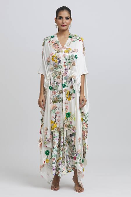 Anamika Khanna White Silk Embroidery V-neck 3d Kaftan Kurta And Draped Skirt Set at Aza Fashions Anamika Khanna_White Silk Embroidery V-neck 3d Kaftan Kurta And Draped Skirt Set_at_Aza_Fashions