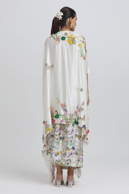 Shop Anamika Khanna White Silk Embroidery V-neck 3d Kaftan Kurta And Draped Skirt Set at Aza Fashions Shop_Anamika Khanna_White Silk Embroidery V-neck 3d Kaftan Kurta And Draped Skirt Set_at_Aza_Fashions