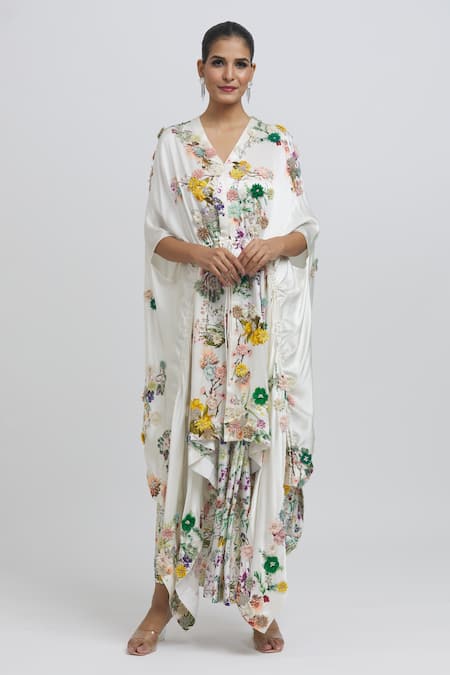 Anamika Khanna White Silk Embroidered Floral V Neck Kaftan Kurta And Draped Skirt Set 