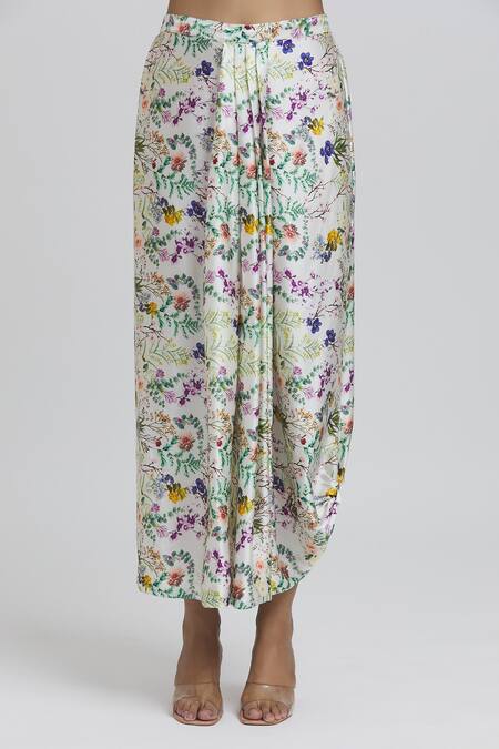 Anamika Khanna White Silk Embroidery V-neck Kaftan Kurta And Draped Skirt Set Online at Aza Fashions Anamika Khanna_White Silk Embroidery V-neck Kaftan Kurta And Draped Skirt Set_Online_at_Aza_Fashions