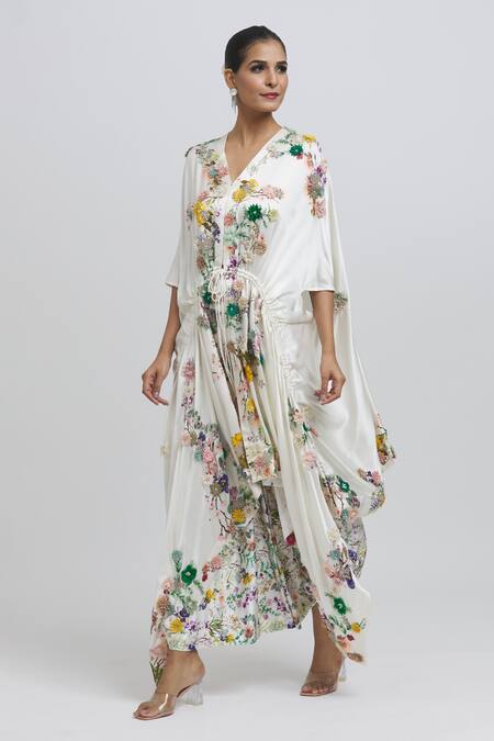 Buy Anamika Khanna White Silk Embroidery V-neck Kaftan Kurta And Draped Skirt Set Online at Aza Fashions Buy_Anamika Khanna_White Silk Embroidery V-neck Kaftan Kurta And Draped Skirt Set_Online_at_Aza_Fashions