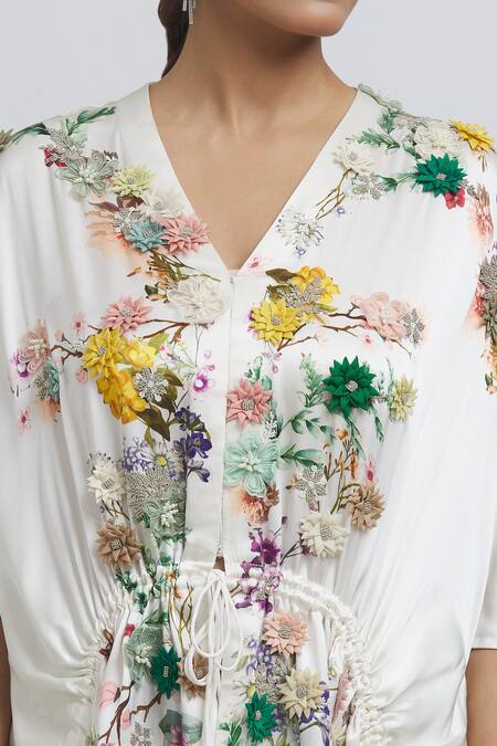 Shop Anamika Khanna White Silk Embroidery V-neck Kaftan Kurta And Draped Skirt Set Online at Aza Fashions Shop_Anamika Khanna_White Silk Embroidery V-neck Kaftan Kurta And Draped Skirt Set_Online_at_Aza_Fashions