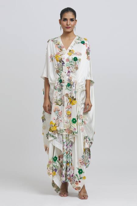 Anamika Khanna White Silk Embroidery V-neck Kaftan Kurta And Draped Skirt Set at Aza Fashions Anamika Khanna_White Silk Embroidery V-neck Kaftan Kurta And Draped Skirt Set_at_Aza_Fashions