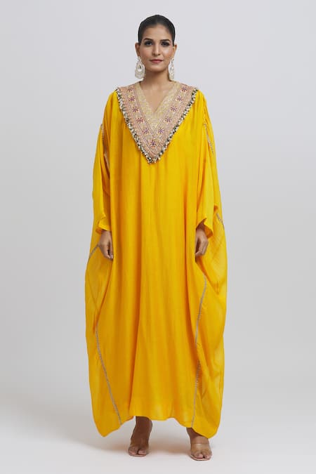 Anamika Khanna Yellow Silk Embroidery, Lace V-neck Yoke Kaftan Online at Aza Fashions Anamika Khanna_Yellow Silk Embroidery, Lace V-neck Yoke Kaftan_Online_at_Aza_Fashions