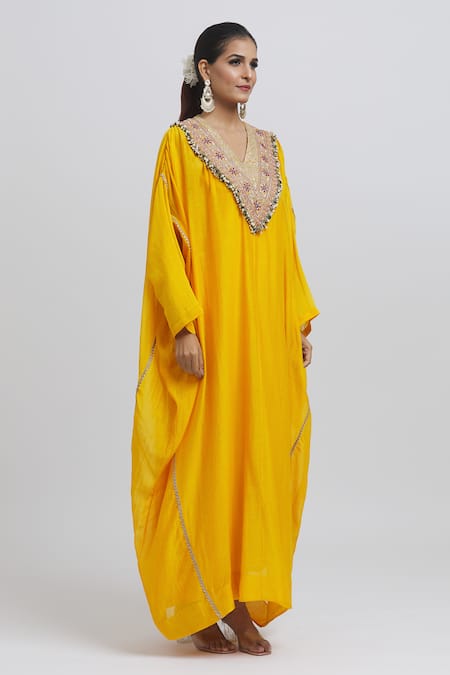Buy Anamika Khanna Yellow Silk Embroidery, Lace V-neck Yoke Kaftan Online at Aza Fashions Buy_Anamika Khanna_Yellow Silk Embroidery, Lace V-neck Yoke Kaftan_Online_at_Aza_Fashions