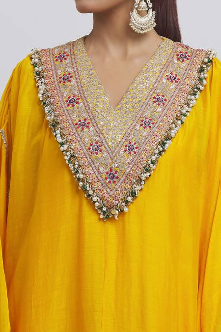 Shop Anamika Khanna Yellow Silk Embroidery, Lace V-neck Yoke Kaftan Online at Aza Fashions Shop_Anamika Khanna_Yellow Silk Embroidery, Lace V-neck Yoke Kaftan_Online_at_Aza_Fashions