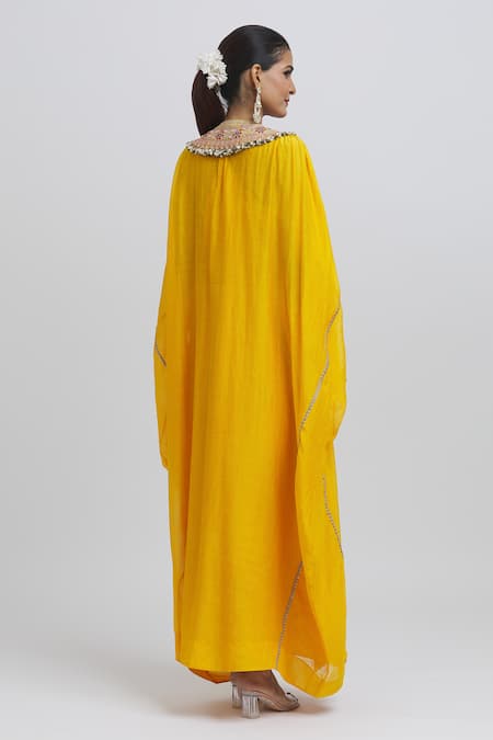 Shop Anamika Khanna Yellow Silk Embroidery, Lace V-neck Yoke Kaftan at Aza Fashions Shop_Anamika Khanna_Yellow Silk Embroidery, Lace V-neck Yoke Kaftan_at_Aza_Fashions