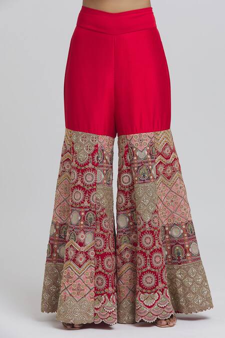 Anamika Khanna_Red Silk Embroidery One Shoulder Floral Sharara Set With Cape_Online_at_Aza_Fashions