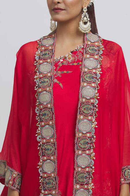 Anamika Khanna_Red Silk Embroidery One Shoulder Floral Sharara Set With Cape_at_Aza_Fashions