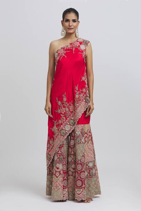 Buy_Anamika Khanna_Red Silk Embroidery One Shoulder Floral Sharara Set With Cape