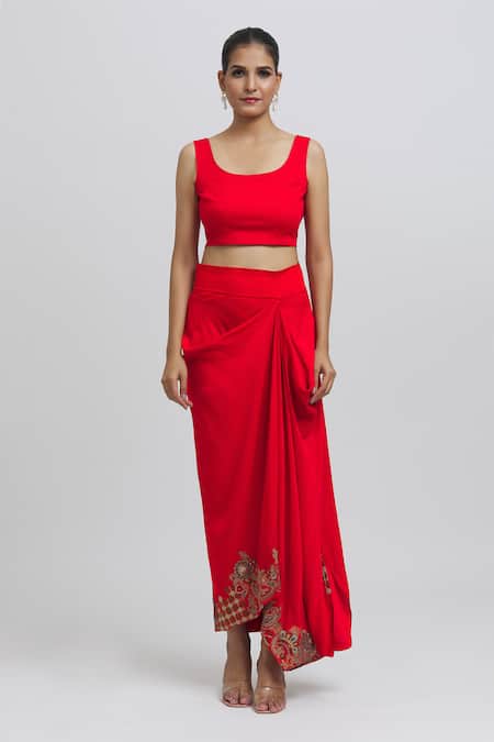 Anamika Khanna Red Silk Embroidery Scoop Neck, Mandarin Jacket Kurta With Draped Skirt Set Online at Aza Fashions Anamika Khanna_Red Silk Embroidery Scoop Neck, Mandarin Jacket Kurta With Draped Skirt Set_Online_at_Aza_Fashions