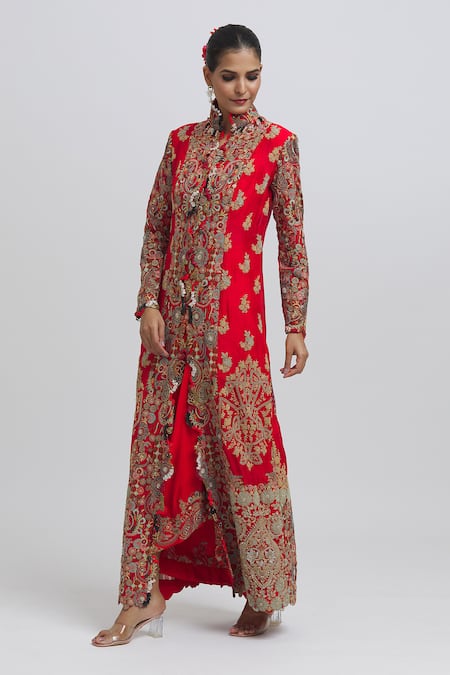 Buy Anamika Khanna Red Silk Embroidery Scoop Neck, Mandarin Jacket Kurta With Draped Skirt Set Online at Aza Fashions Buy_Anamika Khanna_Red Silk Embroidery Scoop Neck, Mandarin Jacket Kurta With Draped Skirt Set_Online_at_Aza_Fashions