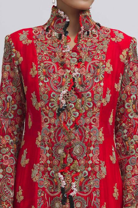 Shop Anamika Khanna Red Silk Embroidery Scoop Neck, Mandarin Jacket Kurta With Draped Skirt Set Online at Aza Fashions Shop_Anamika Khanna_Red Silk Embroidery Scoop Neck, Mandarin Jacket Kurta With Draped Skirt Set_Online_at_Aza_Fashions