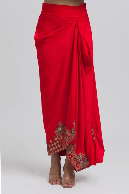 Anamika Khanna Red Silk Embroidery Scoop Neck, Mandarin Jacket Kurta With Draped Skirt Set at Aza Fashions Anamika Khanna_Red Silk Embroidery Scoop Neck, Mandarin Jacket Kurta With Draped Skirt Set_at_Aza_Fashions