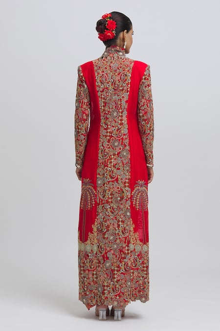 Shop Anamika Khanna Red Silk Embroidery Scoop Neck, Mandarin Jacket Kurta With Draped Skirt Set at Aza Fashions Shop_Anamika Khanna_Red Silk Embroidery Scoop Neck, Mandarin Jacket Kurta With Draped Skirt Set_at_Aza_Fashions