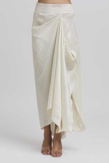 Anamika Khanna_White Silk Tassels, Embroidery Asymmetric Cape And Draped Skirt Set _Online_at_Aza_Fashions