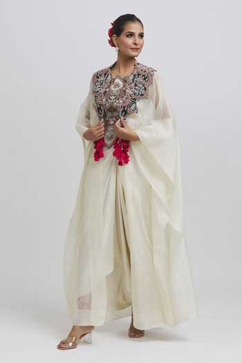 Buy_Anamika Khanna_White Silk Tassels, Embroidery Asymmetric Cape And Draped Skirt Set _Online_at_Aza_Fashions