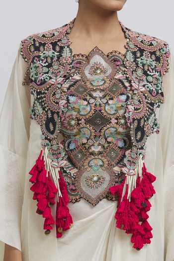 Shop_Anamika Khanna_White Silk Tassels, Embroidery Asymmetric Cape And Draped Skirt Set _Online_at_Aza_Fashions
