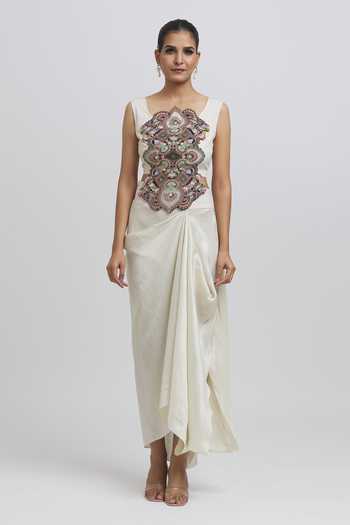 Anamika Khanna_White Silk Tassels, Embroidery Asymmetric Cape And Draped Skirt Set _at_Aza_Fashions