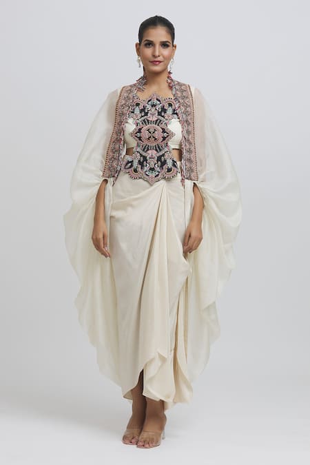 Anamika Khanna_White Silk Embroidery Asymmetric Cape And Draped Skirt Set_Online_at_Aza_Fashions