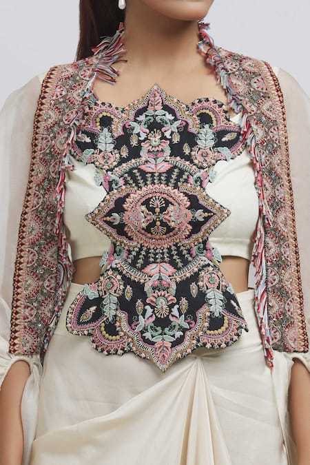 Buy_Anamika Khanna_White Silk Embroidery Asymmetric Cape And Draped Skirt Set_Online_at_Aza_Fashions