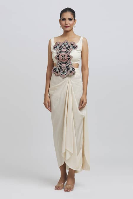 Shop_Anamika Khanna_White Silk Embroidery Asymmetric Cape And Draped Skirt Set_Online_at_Aza_Fashions