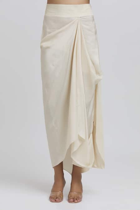 Anamika Khanna_White Silk Embroidery Asymmetric Cape And Draped Skirt Set_at_Aza_Fashions
