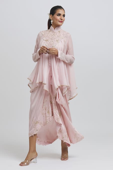 Anamika Khanna Pink Silk Embroidery Mandarin Collar Floral Kaftan And Draped Skirt Set Online at Aza Fashions Anamika Khanna_Pink Silk Embroidery Mandarin Collar Floral Kaftan And Draped Skirt Set _Online_at_Aza_Fashions