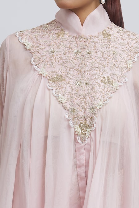 Buy Anamika Khanna Pink Silk Embroidery Mandarin Collar Floral Kaftan And Draped Skirt Set Online at Aza Fashions Buy_Anamika Khanna_Pink Silk Embroidery Mandarin Collar Floral Kaftan And Draped Skirt Set _Online_at_Aza_Fashions