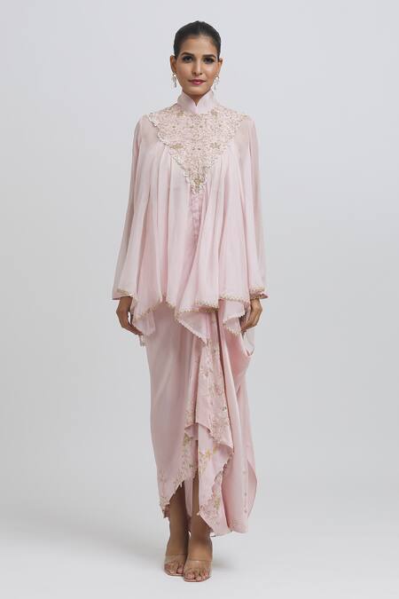 Anamika Khanna Pink Silk Embroidery Mandarin Collar Floral Kaftan And Draped Skirt Set at Aza Fashions Anamika Khanna_Pink Silk Embroidery Mandarin Collar Floral Kaftan And Draped Skirt Set _at_Aza_Fashions