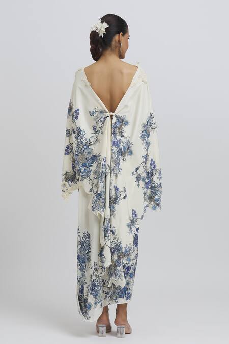 Shop Anamika Khanna White Silk Embroidery Round Neck Floral Pattern Kaftan And Draped Skirt Set at Aza Fashions Shop_Anamika Khanna_White Silk Embroidery Round Neck Floral Pattern Kaftan And Draped Skirt Set_at_Aza_Fashions