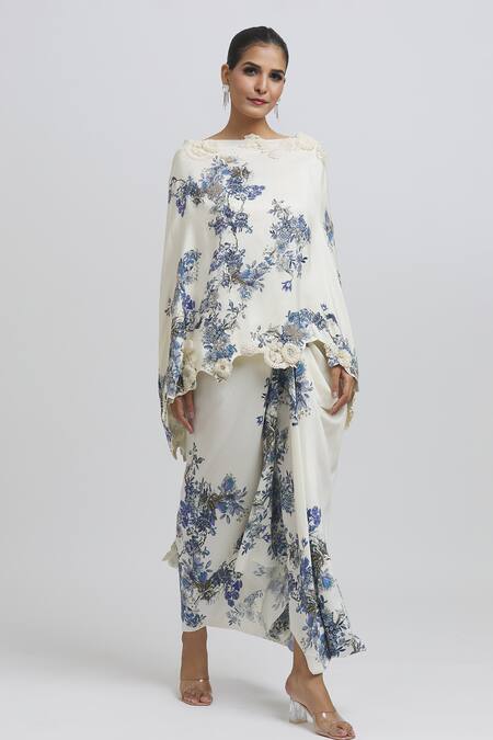 Anamika Khanna White Silk Embroidery Round Neck Floral Pattern Kaftan And Draped Skirt Set Online at Aza Fashions Anamika Khanna_White Silk Embroidery Round Neck Floral Pattern Kaftan And Draped Skirt Set_Online_at_Aza_Fashions