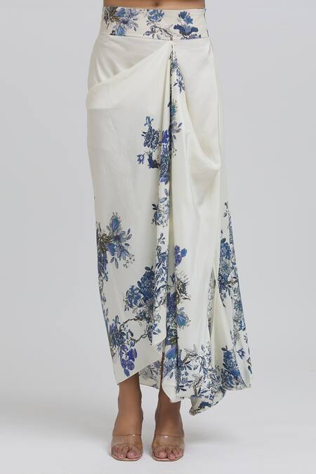 Shop Anamika Khanna White Silk Embroidery Round Neck Floral Pattern Kaftan And Draped Skirt Set Online at Aza Fashions Shop_Anamika Khanna_White Silk Embroidery Round Neck Floral Pattern Kaftan And Draped Skirt Set_Online_at_Aza_Fashions