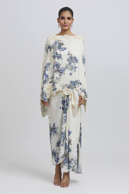 Anamika Khanna White Silk Embroidery Round Neck Floral Pattern Kaftan And Draped Skirt Set at Aza Fashions Anamika Khanna_White Silk Embroidery Round Neck Floral Pattern Kaftan And Draped Skirt Set_at_Aza_Fashions