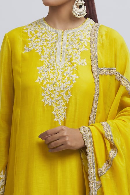 Shop_Anamika Khanna_Yellow Silk Lace, Embroidery Round Neck A-line Kurta Pleated Skirt Set_Online_at_Aza_Fashions