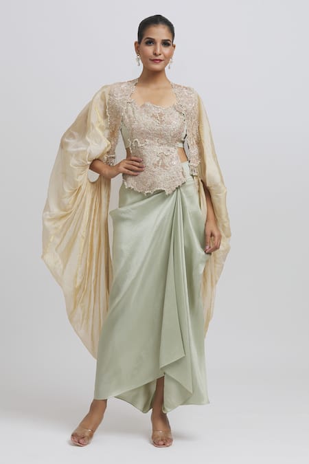 Anamika Khanna Embroidered Silk Cape & Draped Skirt Set 
