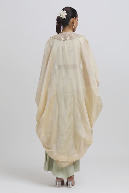 Shop Anamika Khanna Blue Silk Embroidery Asymmetric Cape And Draped Skirt Set at Aza Fashions Shop_Anamika Khanna_Blue Silk Embroidery Asymmetric Cape And Draped Skirt Set_at_Aza_Fashions